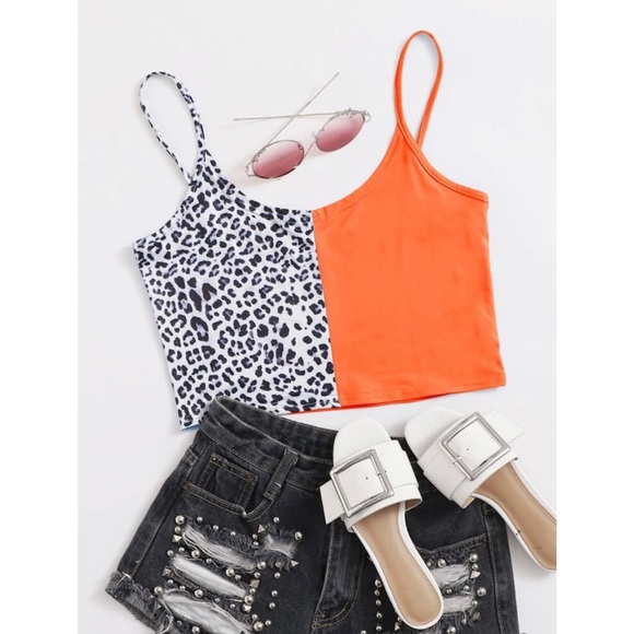 SHEIN Tops - Women’s Contrast Orange & Leopard Print Cami 🧡